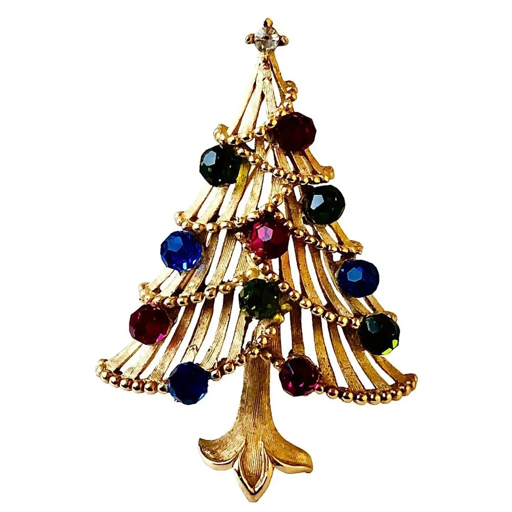 Trifari Vintage Crown Goldtone Multi-Color Rhinestone Christmas Tree Brooch